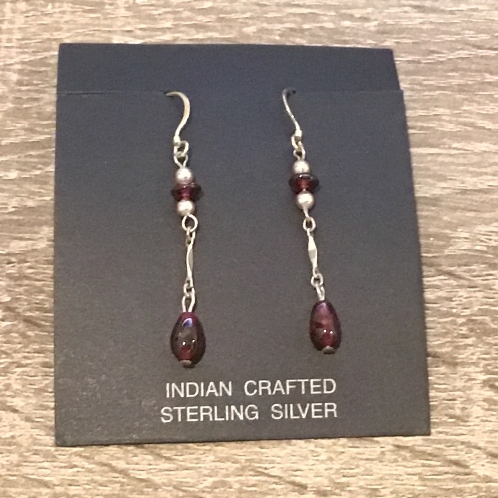 Sterling Silver & Rhodolite Garnet Beaded Ear Wire Drop Earrings 1 5/16" Long